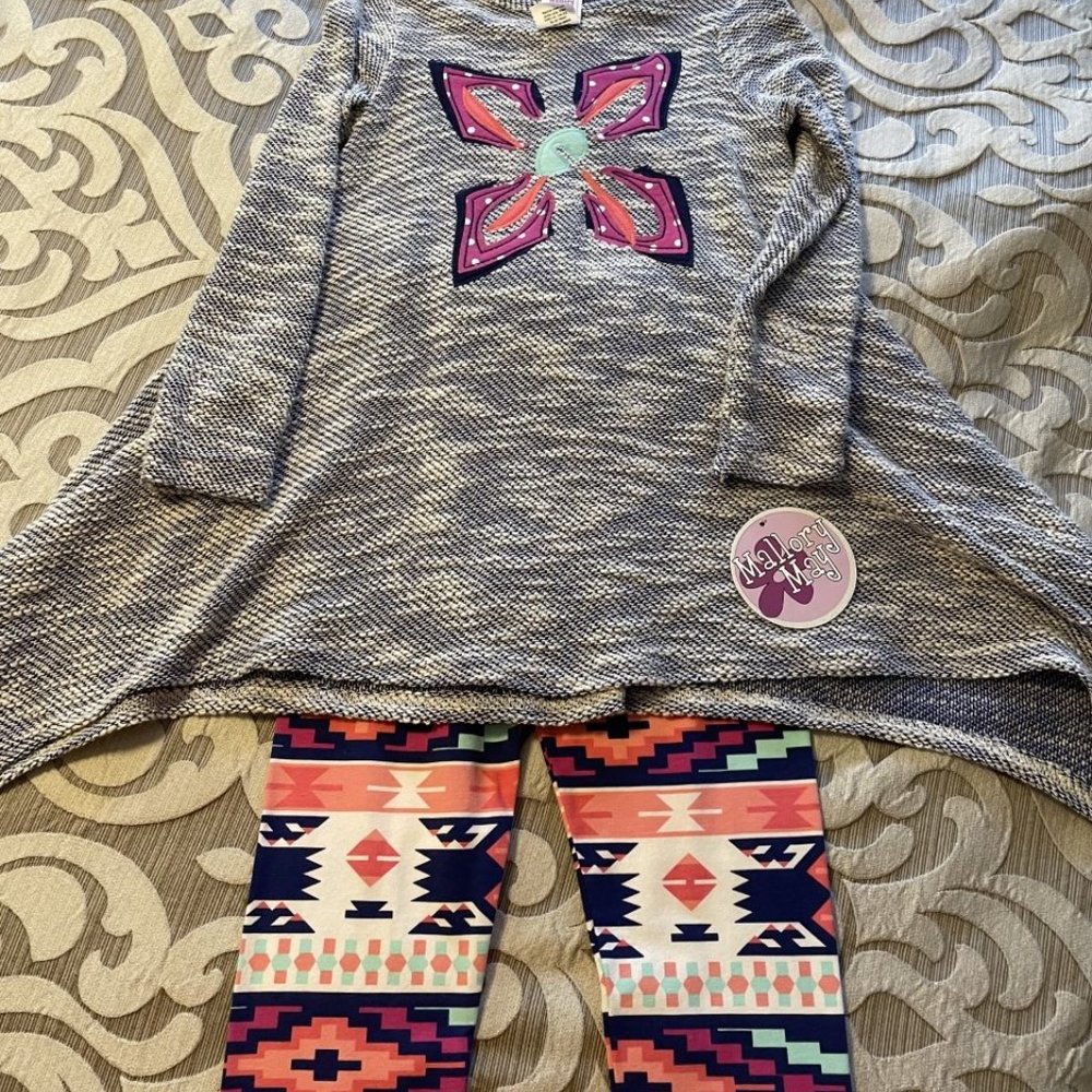 NWT Mallory May Girl's Long Sleeve Pant Set Navy Pink Flower Aztec Print Size 8